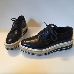 NEW PRADA 35/5 WOMENS LEATHER OXFORD PLATFORM LOAFERS SHOES NAVY SNEAKERS